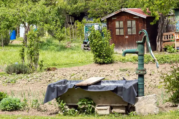 Huerta con una bomba de agua de mano y una caseta de madera al fondo