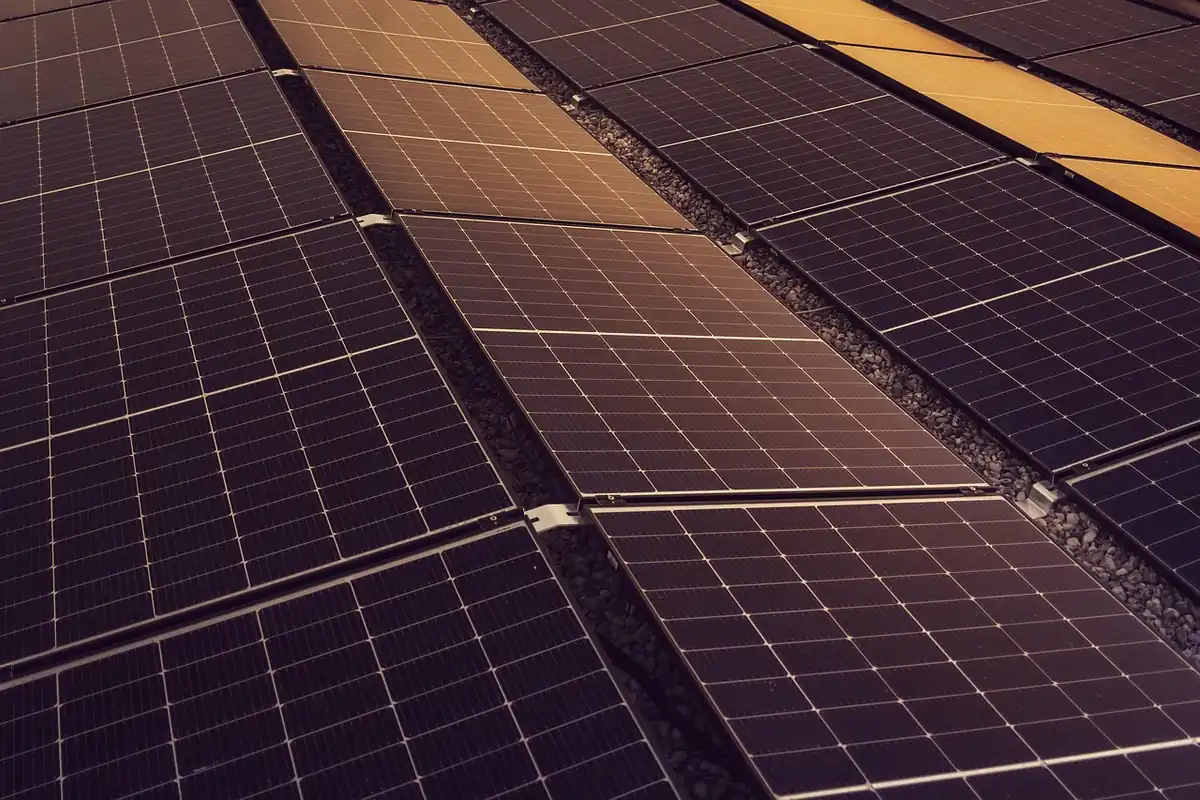 Hileras de placas solares oscuras apoyadas sobre un lecho de grava, vistas en diagonal con luz cálida